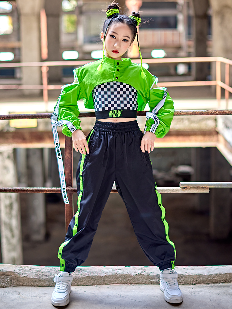 Kids Hip Hop Clothes Girls Jazz Dance Costume Neon Green Crop Tops Black  Vest Cargo Pants Street Dance Performance Wear size 170cm Color 3pcs