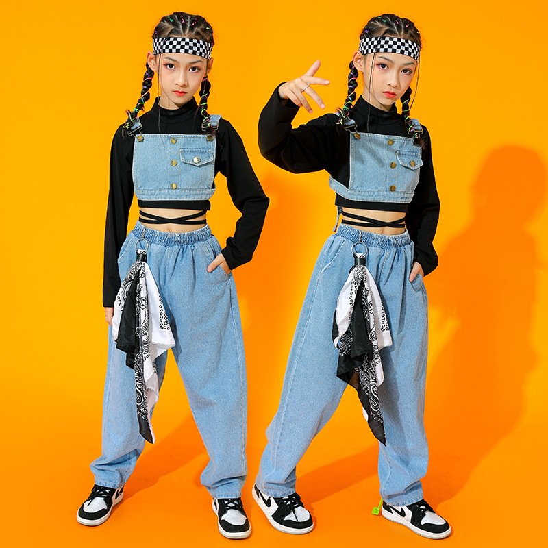 Jazz Costume Girls Hip Hop Clothes Denim Long Sleeves Performance