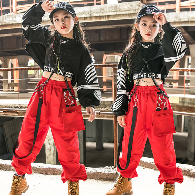 Hip Hop Clothing Girls Jazz Dance Costume Long Sleeve Black Tops Red Cargo Pants  Kids Hip Hop Performance Wear Rave Clot size 120CM Color Tops
