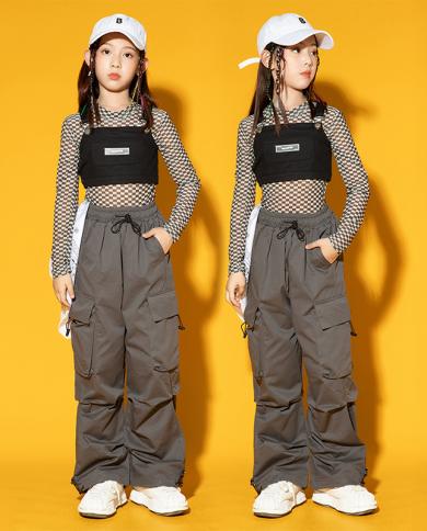 2023 Kids Hip Hop Costume For Girls Kpop Jazz Dance Clothes Plaid Tops  Cargo Pants Tooling Modern Dance Performance Wear size 150cm Color Pants