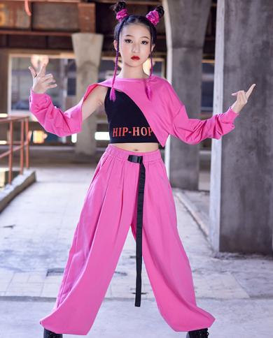 Hip Hop Kids Jazz Dance Costume Girls Crop Tops Pink Long Sleeves