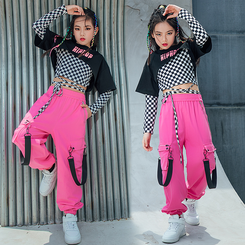 Children Hip Hop Dance Clothes Lattice Tops For Girls Casual Cargo Pants  Jazz Performance Rave Wear Street Dance Costume size 140cm Color 3pcs
