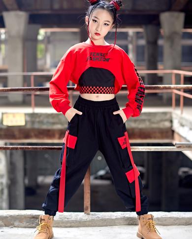 2023 Girls Kpop Hip Hop Clothes Jazz Dance Costume Red Crop Tops Cargo Pants  Teen Kids Fashion Streetwear Stage Outfit B size 170cm Color Vest-Tops 2pcs