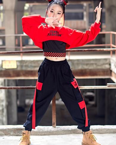 2023 Girls Kpop Hip Hop Clothes Jazz Dance Costume Red Crop Tops Cargo Pants  Teen Kids