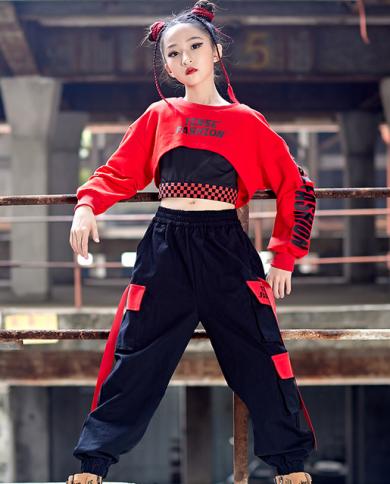 Girls Hip Hop Clothing Street Wear Korean Black Crop Top Orange Jogger  Pants Vest Outfit Children Performance Costumes