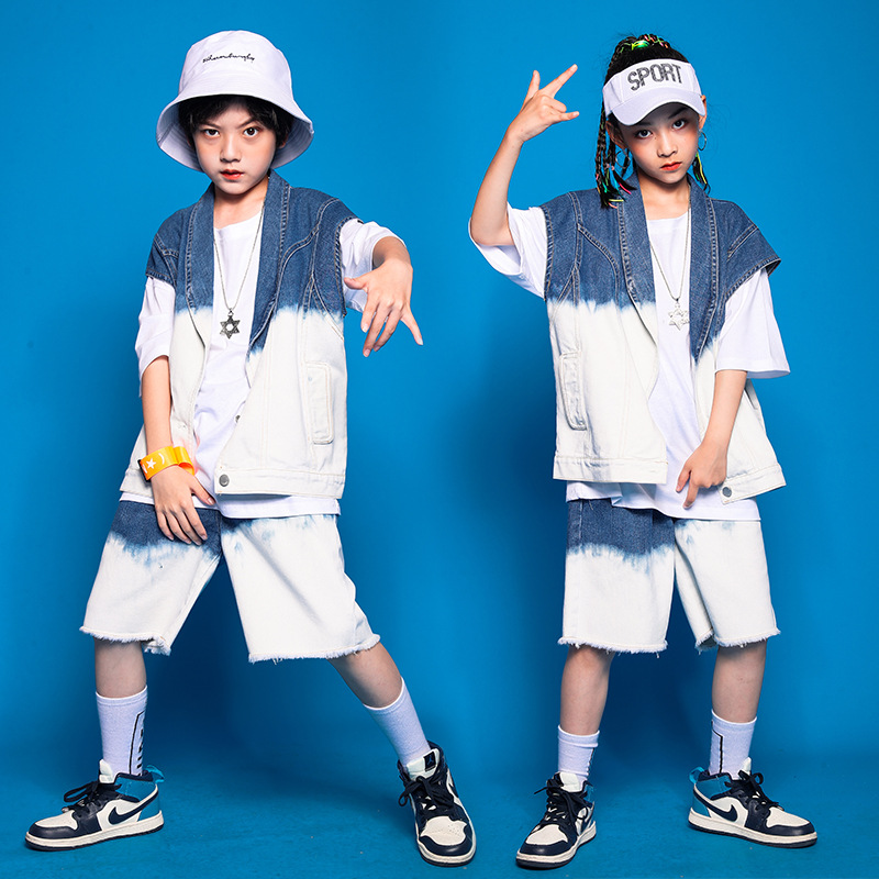 Summer Hip Hop Dance Costume Dor Boys Gils Denim Suit Short Sleeves ...