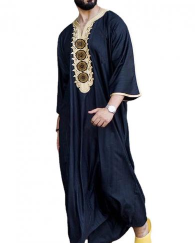 2023 Islamic National Style Men's Long Shirt Casual Muslim Fashion Black  Robes Men Jubba Thobe Dubai Abaya Man