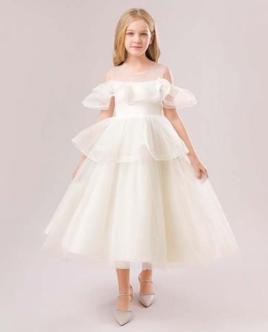 open lace back dress Girl Western Style Dress 2024 New Sweet Mesh Floral Dress Cute Puff Sleeves Princess Dress Birthday Dress
