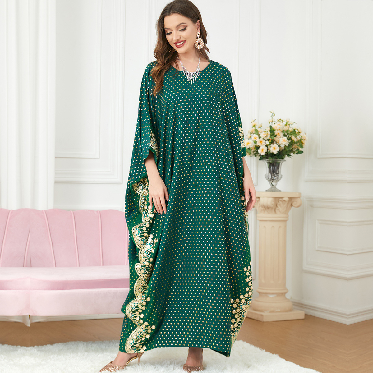 Morocco Party Muslim Dress Women Bat Sleeve Prayer Abaya Polka Dot Caftan  India African Dresses Abayas For Women Dubai T size One size Color Green