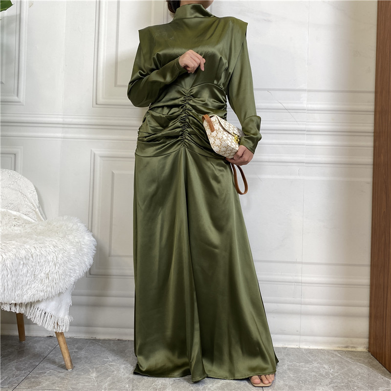 Smooth Thick Satin Islamic Dress Muslim Arabic Long High Neck Elastic  Pleated Abayas For Women Dubai Abaya Wedding Kafta size L Color Army Green