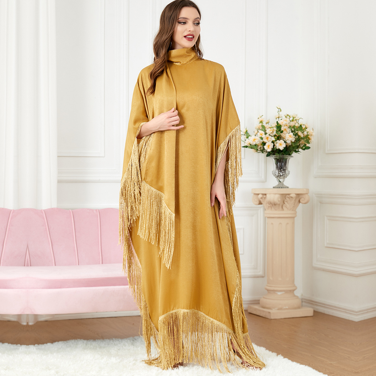 Turkey Muslim Woman Dress Abaya Tassel Batwing Sleeve Evening Dresses  Turtleneck Islam Loose Irregular Hem Robe Morocco size One size Color Brown