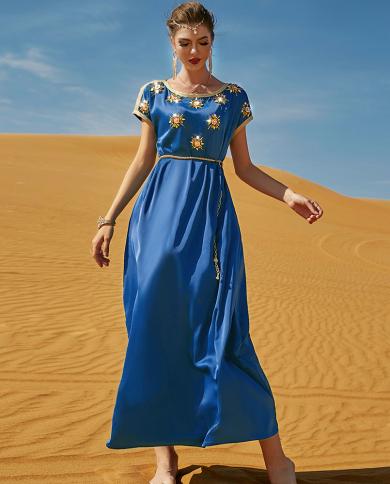 סאטן עבאיה דובאי סעודית עבודת יד יהלומים קפטן מרוקאי נשים גלביה שרוולים קצרים ערבית מוסלמית שמלה קפטן מסיבת e