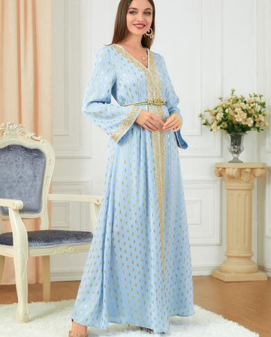 Eid Abaya Party Muslim Women Dress Morocco Kaftan Eid Turkey Evening Dresses  Dubai Autumn Islam Long Robe Femme Vestidos size XXL Color Light blue