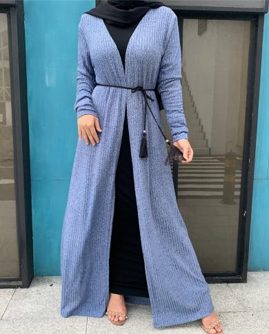 סתיו חורף אביה קימונו מוסלמי שמלת חיגאב אופנה טורקיה מעיל סוודר סרוג ארוך כפתן עבאיות פתוחות לנשים דובה
