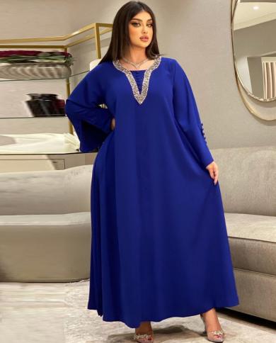 שמלות אבאיה מוסלמיות אלגנטיות לנשים אופנה דובאי טורקיה יהלומי כפתור קישוט שמלת מסיבה ארוכה רמדאן איסלאמי