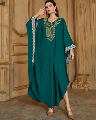 Eid Mubarak One Piece Batwing Abaya Dubai Turkey Muslim Hijab Dress Abayas  For Women Long Arabic African Dresses Islam C size One size Color Green