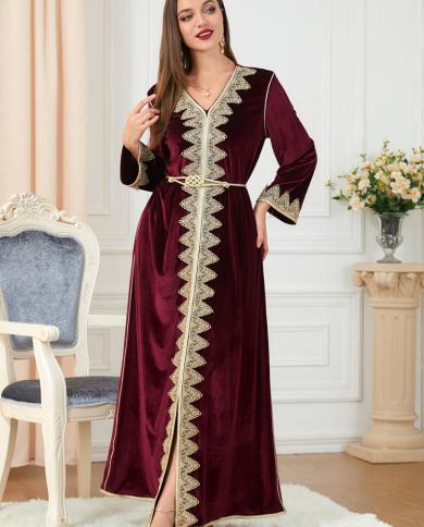 טורקיה שמלת חורף מוסלמית קטיפה דובאי אבאיה מרוקו שמלות מקסי למסיבה לנשים חגורה קפטן vestidos vneck abayas i