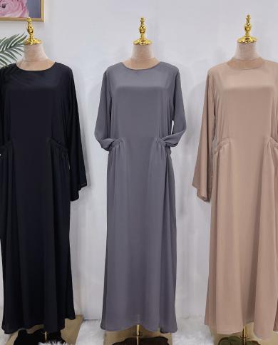 סאטן מתחת לעבאיה שמלה פנימית איסלאם בתוך חלוק אבאיס עם כיס מוצק שרוולים ארוכים שמלות מוסלמיות נשים דובאי טורקיה