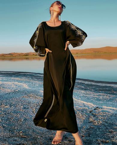 עבודת יד יהלומים מרוקאי קפטן שחור סאטן עבאיה עטלף שמלת ערב שמלת ערב נשים איסלאם בגדי גלביה מוסלי