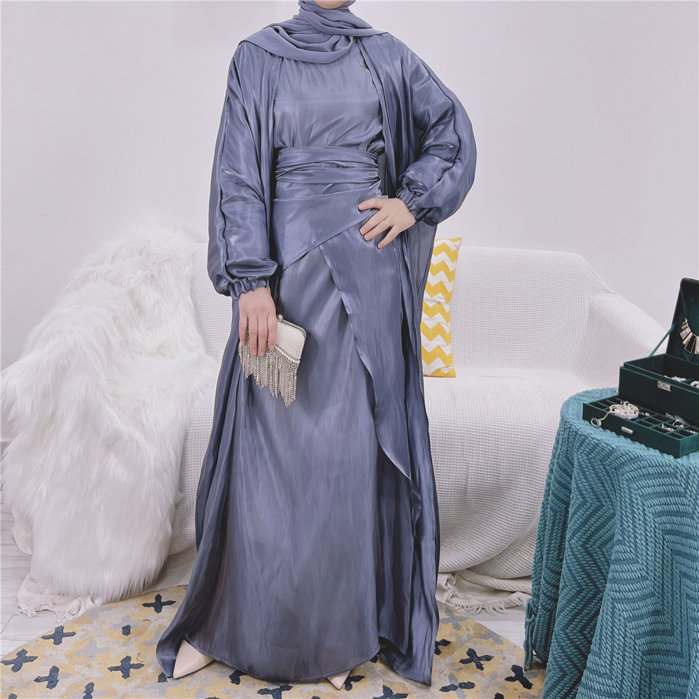 2pieces Matching Muslim Clothing Sets Eid Abaya Dubai Turkey Islam Arabic Hijab  Dress Shiny Kaftan Robe Kimono Abayas Fo size L Color green 2pcs set