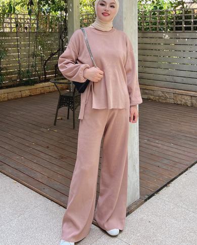 אופנה טורקית שמלה מוסלמית נשים סתיו חורף אביה דובאי חליפה סרוגה סוודר משוחרר עם מכנסיים בד אסלאמי 2 חלקים