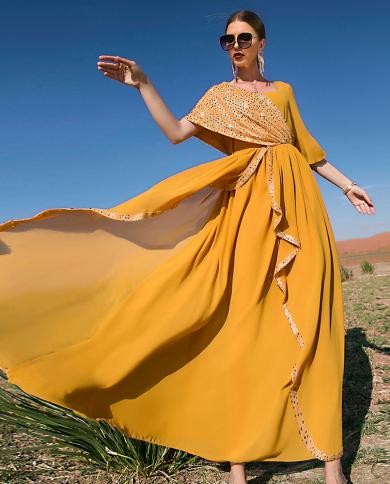 מרוקו קפטן נצנצים צהוב מוסלמי אופנה חיגאב שמלת עבאיות לנשים דובאי ערב הסעודית שמלות ערב איסלאם