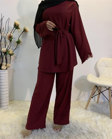 Women Muslim Sets Matching Outfit Hijab Dress Eid Mubarak African Abaya  Dubai Turkey Islam Tops Pants Suit Musulman Ensembles