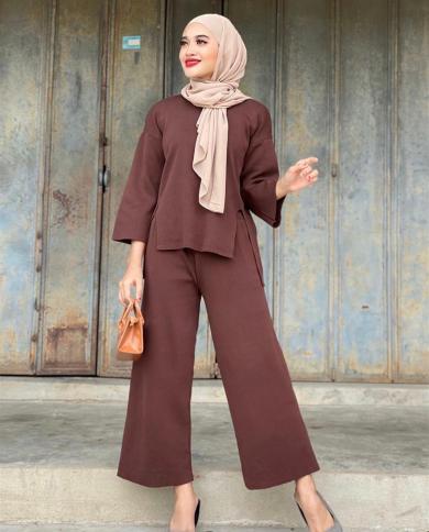 אבאיה טורקיה מוסלמית אופנה ערכות שמלת חיגאב אבאיות לנשים דובאי איסלאם חורף ערבי סוודר חליפה סרוגה הרכבי
