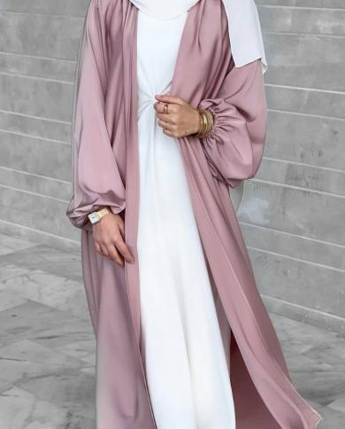 שרוול נפוח פתוח עבאיה סאטן שמלה מוסלמית נשים אלגנטית מסיבת מרוקו שמלות ארוכות איסלאם טורקיה דובאי עיד רמדאן קפטן