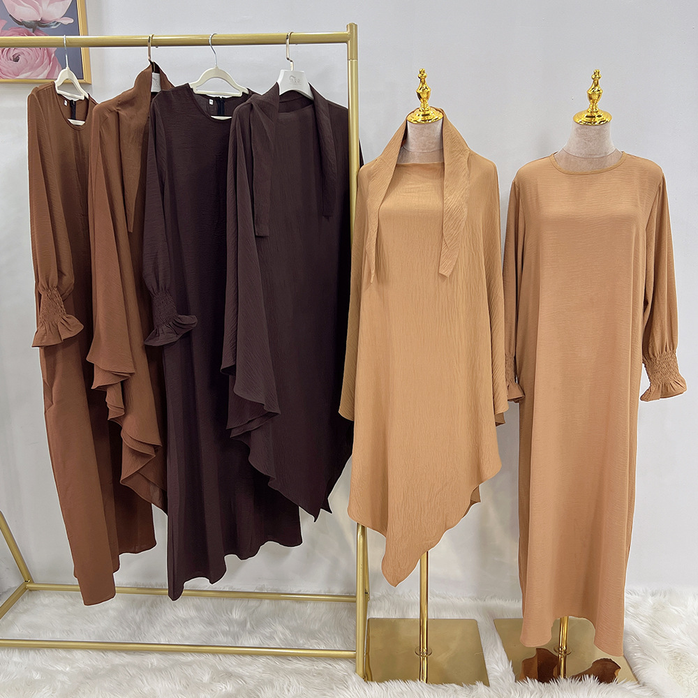 Женщины-мусульманки молитвенный наряд Рамадан Ид хиджаб платье Дубай Турция  абайя с длинным платком химар джилбаб комплект Ислам size XL-XXL צֶבַע  coffee 2pcs Set