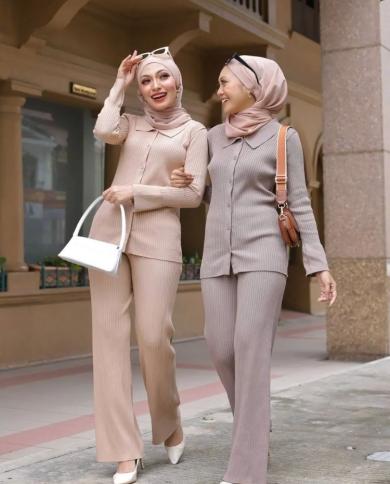 Women Muslim Sets Matching Outfit Hijab Dress Eid Mubarak African Abaya  Dubai Turkey Islam Tops Pants Suit Musulman Ensembles