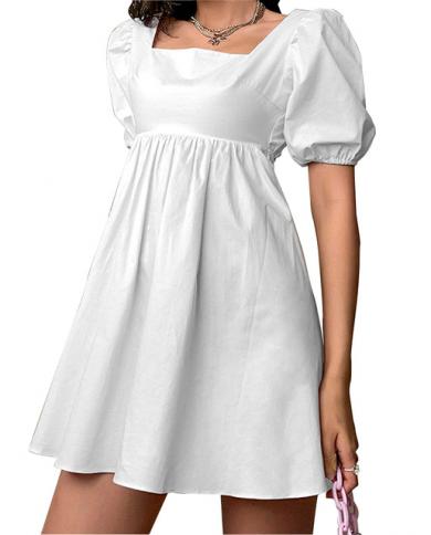 Backless Mini Dress Women Solid Color Square Collar Short Puff Sleeve Short Dress High Waist Lace Up Ladies Mini Dress size L Color White Backless Mini Dress Women Solid Color Square Collar Short Puff Sleeve Short Dress High Waist Lace Up Ladies Mini Dress size L Color White