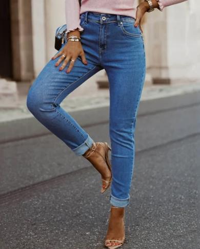 גינס גינס לנשים 2023 אופנה חדשה מכנסי סקיני גינס לנשים מכנסי רחוב עם רוכסן רגל ישרה מכנסי עיפרון כחול כהה