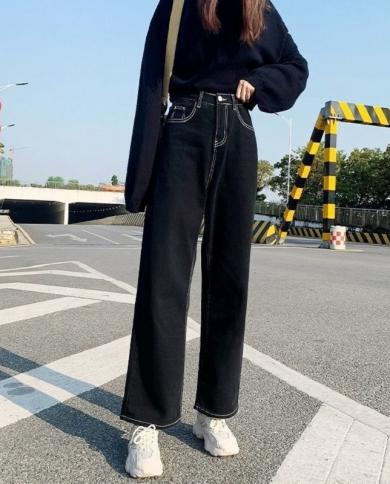 מכנסי גינס לאישה 2023 חדש בגדי רחוב נשים מכנסי גינס ישרים שחורים גינס רפויים עם רגל רחבה רטרו כחול פעמון תחתון