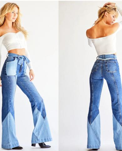אופנה שחבור מכנסיים מתרחבים 2023 סתיו חדש גינס רחב רגליים בגדי רחוב נשים מכנסי גינס רטרו כחול פעמון גינס