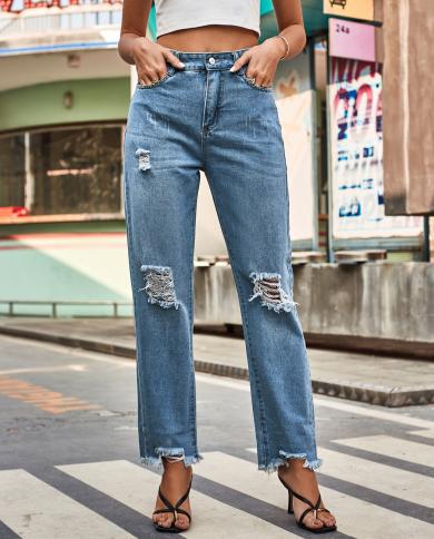 גינס לנשים 2023 מותן גבוה מכנסי גינס קרועים מכנסיים ארוכים חלולים גינס לנשים בגדי רחוב עם שוליים ישרים