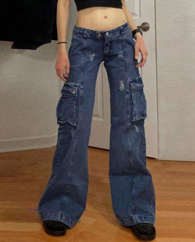 אופנה נשים גינס גינס 2023 חדש רטרו גבוה מותן גינס נשים כיס גדול high street flare גינס מזדמנים מכנסי גינס