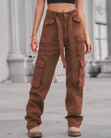 streetwear מכנסי גינס מכובסים עם רב כיסים אוברול מזדמנים מכנסיים 2023 נשים מכנסיים מטען קזואל גינס רגליים ישרות