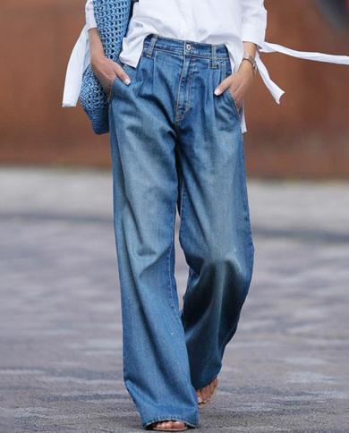 מותן גבוה נשים גינס 2023 סתיו אופנה חדשה רטרו מתרחבים מכנסיים רפויים מזדמנים מכנסיים רגליים רחבות לנשים מכנסי רחוב