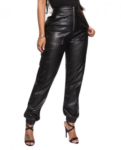 מכנסי עור מלאכותי pu נשים מותן גבוה פנאי פנאי רחב נעלי ריצה לנשים מכנסיים שחורים מטען קזואל תלבושות כיסי לבוש