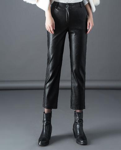 מכנסי עור מלאכותי pu נשים גבוהות מותן משרד גברת עבודה עסקית ללבוש מזדמנים מכנסיים רגליים ישרות נשים אלגנטי שחור