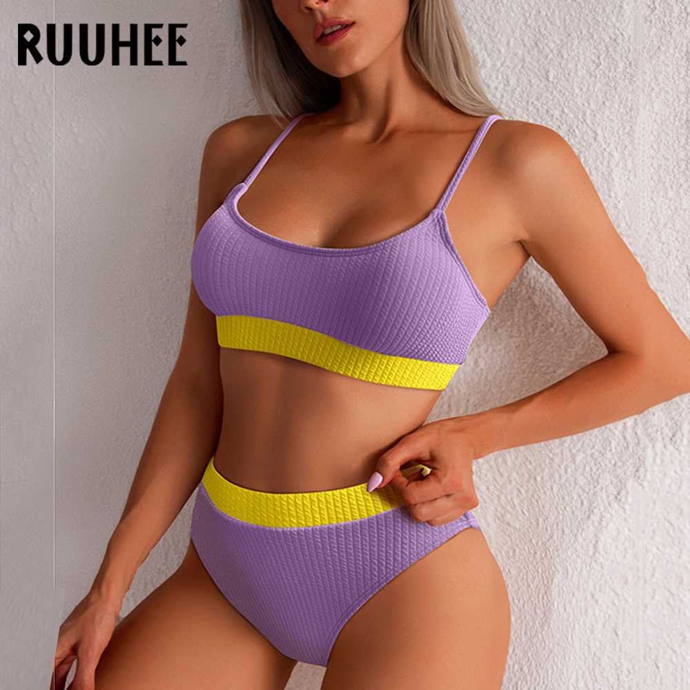 Ruuhee High Waist Bikini Set Women 2023 Patchwork Solid Push Up Bathing  Suits Ribbed Swimwear Women Swimsuit Bikini Bi size M Color B4968BK