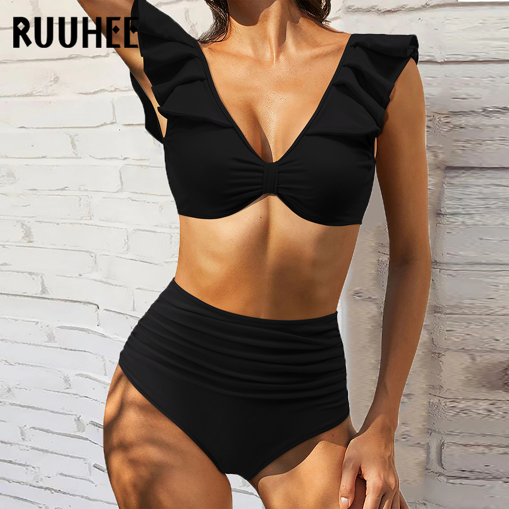 Ruuhee Ruffle High Waist Bikini 2023 Solid Swimsuit Women Tie