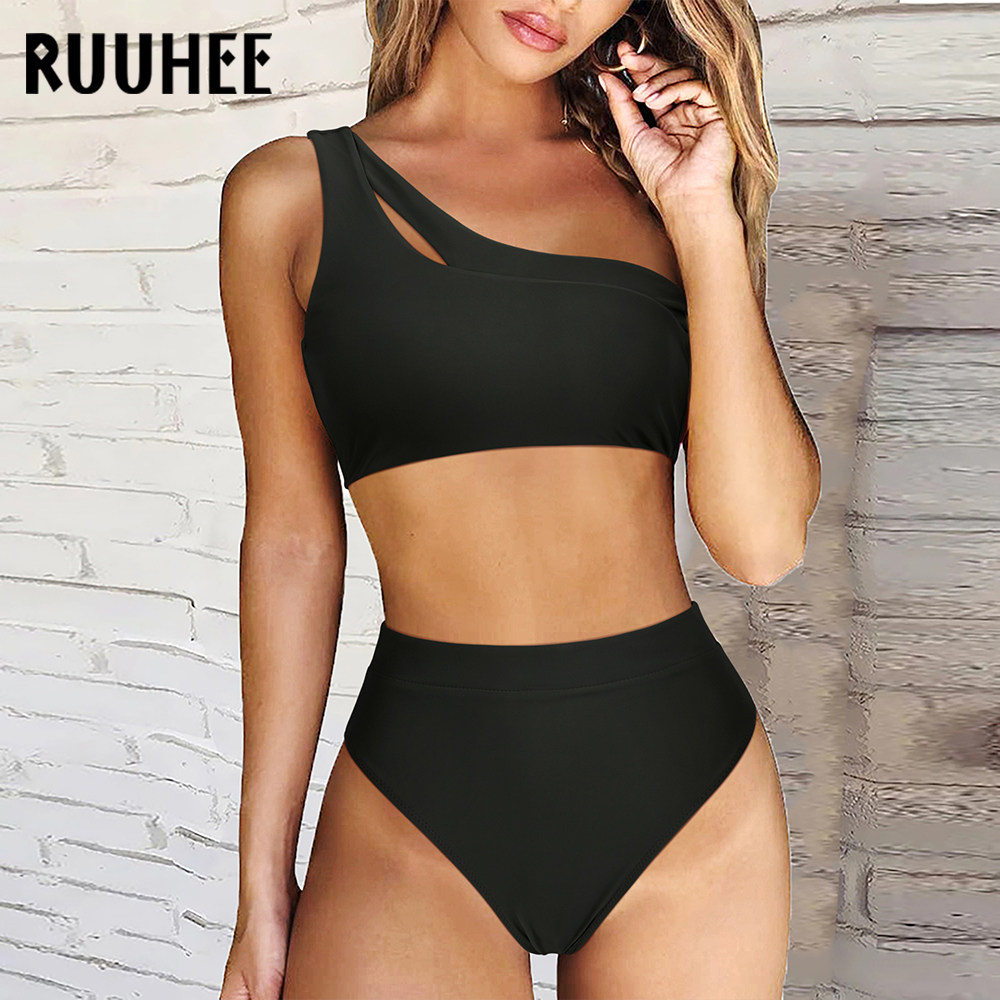 Ruuhee One Shoulder Bikinis Set 2023 High Waist Two Pieces Swimsuit Women  Bandage Push Up Micro Bikini Swimwear Women Sw size M Color B5110-5