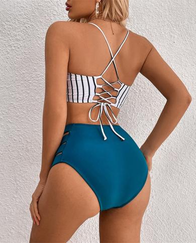 3 Pieces With Chest Pad Colorblock Skirt Swimwear Women Ruffles Bikini Set  2023 Beach Bathing Suit