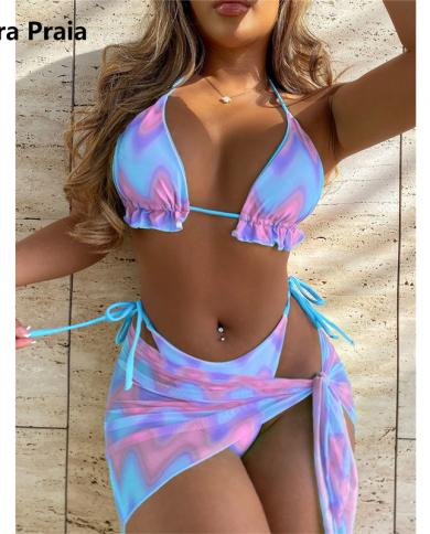 para praia 2023 tie dye halter בגד ים שלושה חלקים עם חצאית בגדי ים ברזילאי נשים בגדי חוף ביקיני שרוך