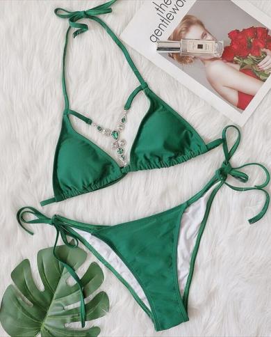 Para Praia Diamond Swimsuit 2023 Halter Two Pieces Bathing Suit Luxury  Rhinestones Bikini Set Push Up Swimwear Women size L Color Green