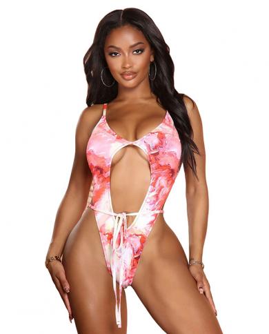 2023 High Cut Micro Thong Women Swimsuit Hollow Out Lace Up One Piece Bikini Mujer Swimwear Beach Bathing Suits Beach W size M Color Purple