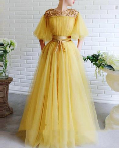 צהוב צווארון עלה לוטוס שמלות ערב נשים חגורה אלגנטית טול שמלת נשף שמלת שמלת קוקטייל באורך הרצפה עבור