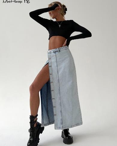 mnealways18 חצאיות כפתור גינס מותן גבוה נשים בגדי רחוב חצאיות מפוצלות באורך הקרסול קיץ 2023 כותנה כחול גינס סקי